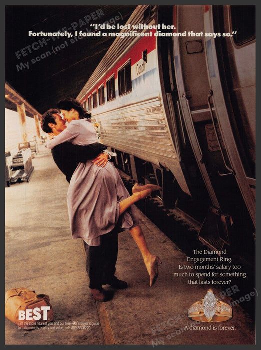 A Diamond is Forever 1990s Print Advertisement Ad 1992 Kissing Train Station Fetch-the-Paper