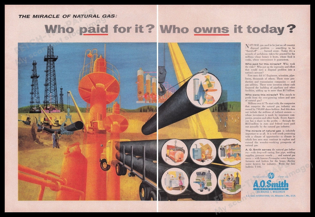 A.O. Smith Corporation Natural Gas 1950s Print Advertisement Ad (2 pgs) 1959 Fetch the Paper!