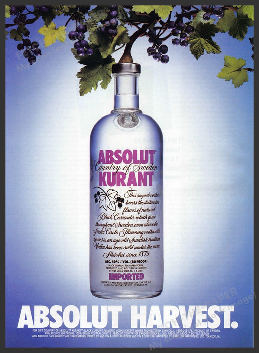 Absolut Harvest 1990s Print Advertisement 1994 Kurant Bottle Hanging From Vine Fetch-the-Paper