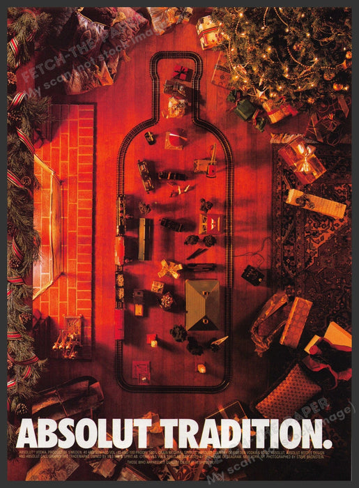 Absolut Tradition 1990s Print Advertisement 1995 Christmas Train Layout Fetch the Paper!