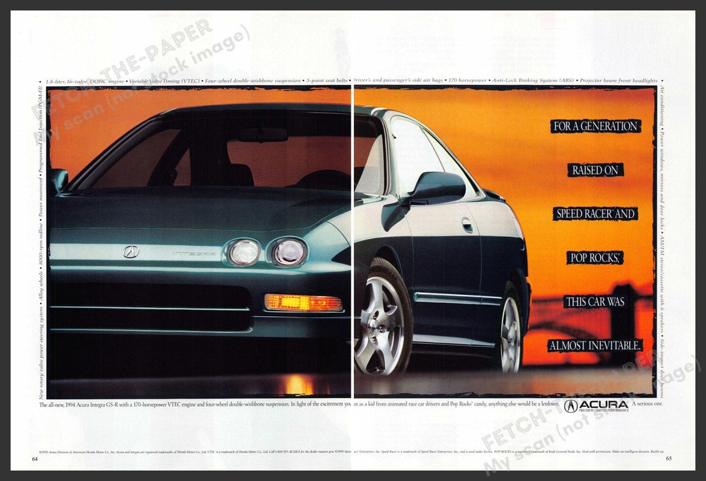 Acura Integra GS-R Car 1990s Print Advertisement (2 page) 1993 Green Fetch-the-Paper