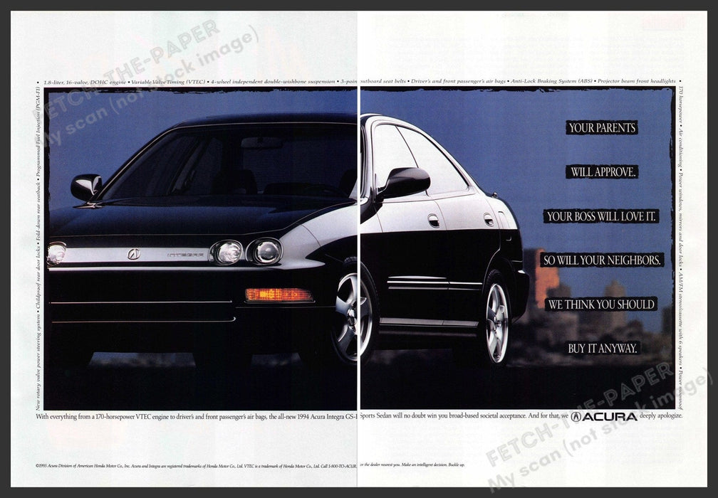Acura Integra GS-R Sport 1990s Print Advertisement (2 page) 1994 Fetch-the-Paper