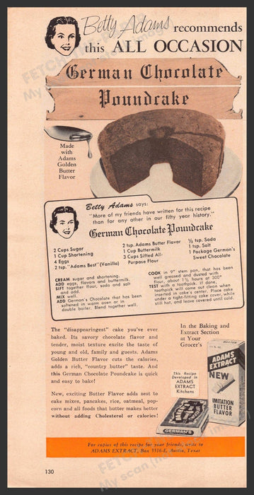 Adams Extract & Baker's 1960s Print Ad 1961 "German Chocolate Poundcake" Recipe Adams Extract