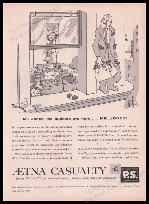 Aetna Casualty Insurance Mr. Jones Auditors 1950s Print Advertisement Ad 1959 Fetch the Paper!