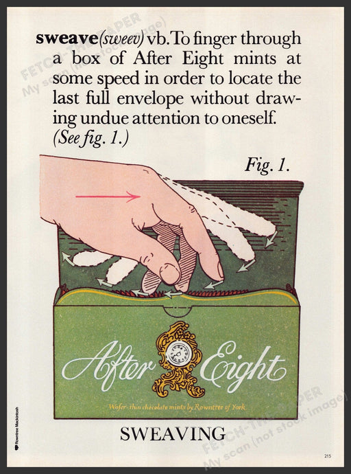 After Eight Mints "sweave" 1980s Print Advertisement Ad 1982 Illustration Fetch the Paper!