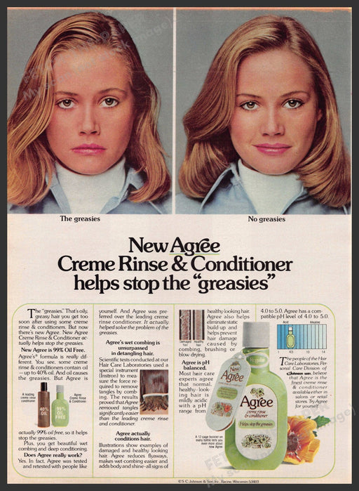 Agree Hair 1970s Print Advertisement 1977 Helps Stop the "Greasies" Agree