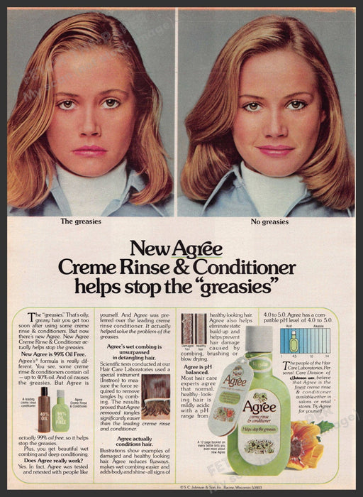 Agree Hair 1970s Print Advertisement 1977 Helps Stop the "Greasies" Agree