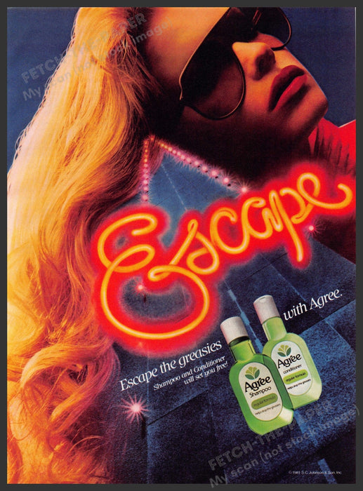 Agree Hair Products 1980s Print Advertisement 1981 Neon "Escape" the Greasies Fetch-the-Paper