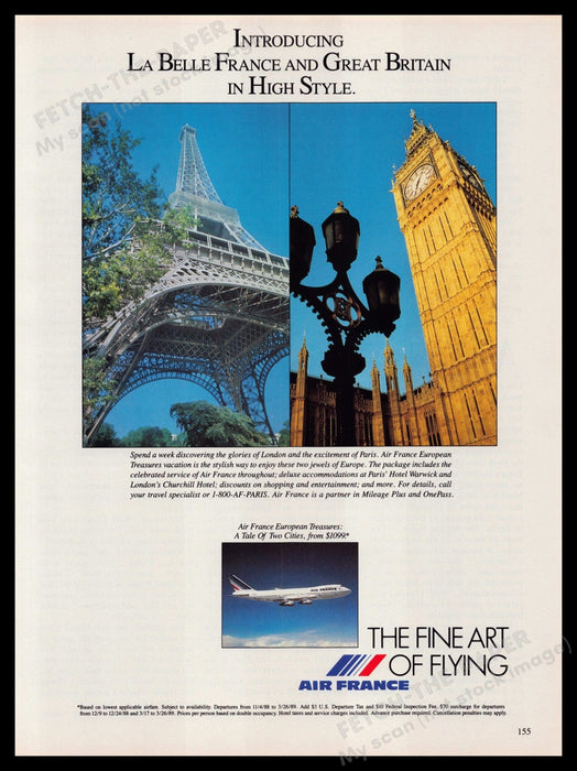 Air France Eiffel Tower Big Ben Travel Promo 1980s Print Advertisement Ad 1989 Fetch-the-Paper