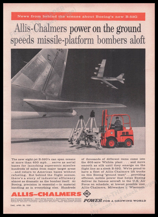 Allis-Chalmers Forklift 1950s Print Advertisement Ad 1959 Boeing B-52G Fetch the Paper!