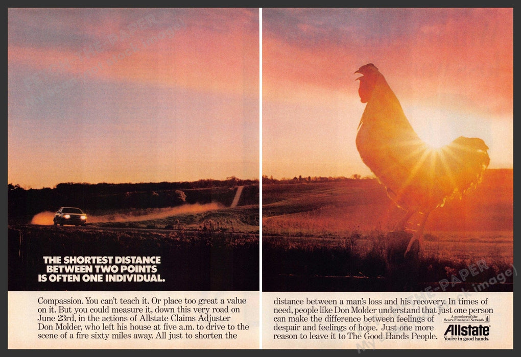Allstate 1980s Magazine Print Ad (2 pages) 1988 Morning Crowing Rooster Allstate