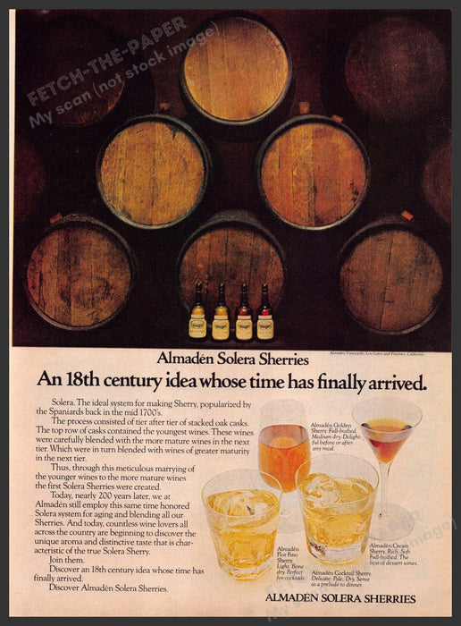 Almaden Solera Sherries 1970s Print Advertisement 1976 Casks Flavors Fetch-the-Paper