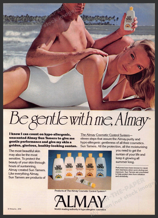 Almay Sun Tamer 1970s Print Advertisement 1979 Couple Beach Applying to the Back Almay