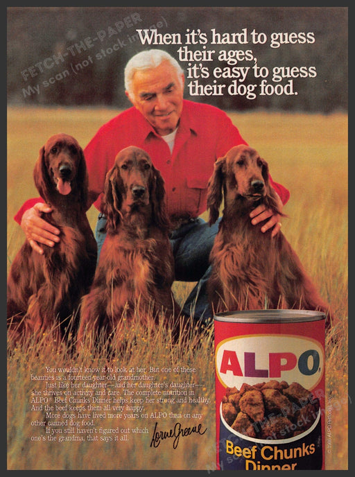 Alpo 1980s Magazine Print Advertisement 1986 Lorne Greene Irish Setter Dogs Alpo