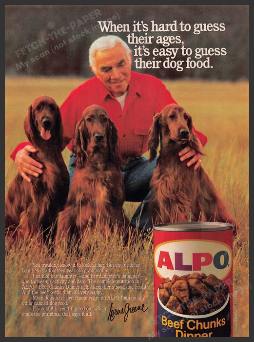 Alpo 1980s Magazine Print Advertisement 1986 Lorne Greene Irish Setter Dogs Alpo