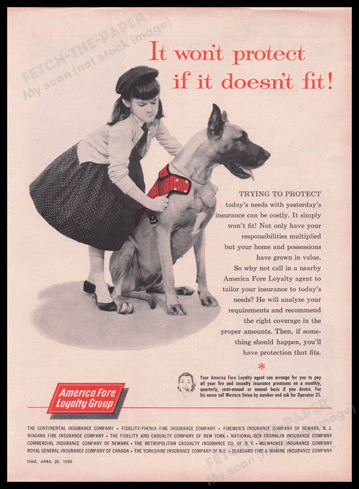 America Fore Loyalty Group Great Dane Dog 1950s Print Advertisement Ad 1959 Fetch the Paper!