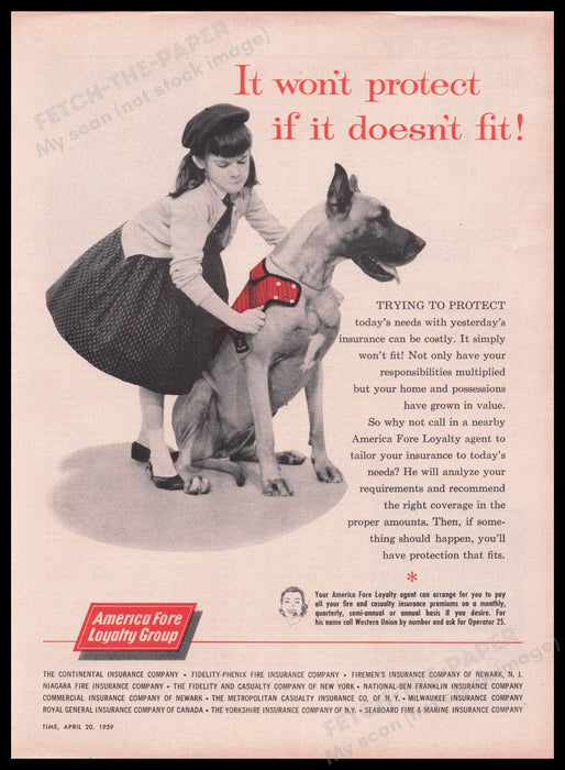 America Fore Loyalty Group Great Dane Dog 1950s Print Advertisement Ad 1959 Fetch the Paper!