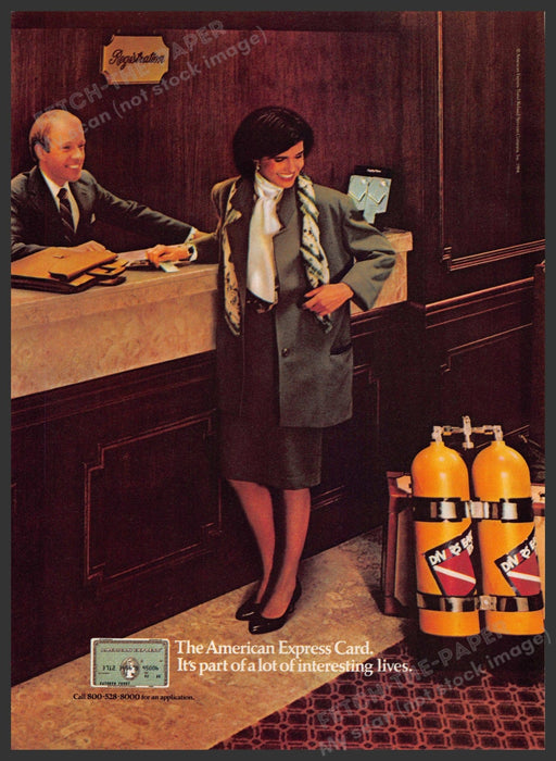 American Express 1980s Magazine Print Advertisement 1984 Hotel Legs Scuba Diver American Express