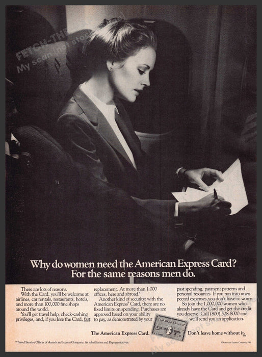American Express 1980s Print Advertisement 1982 Women Need Card Same as Men Fetch-the-Paper
