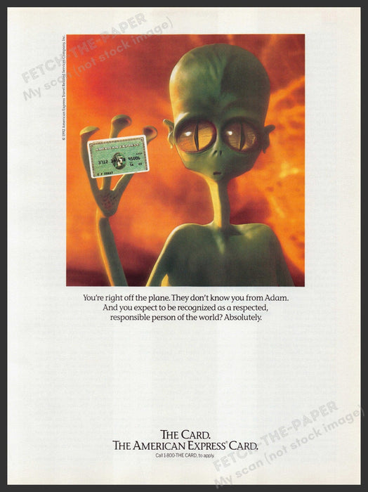American Express Card Alien 1990s Print Advertisement Ad 1992 Fetch the Paper!