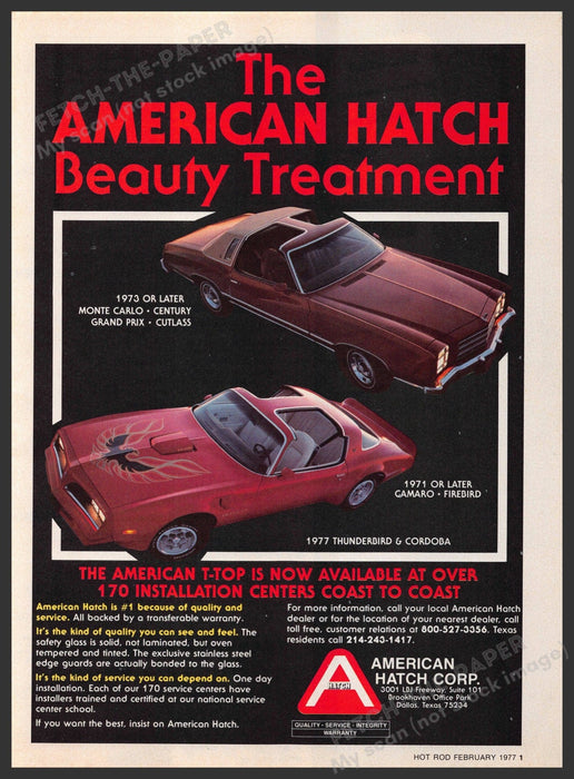 American Hatch 1970s Magazine Print Advertisement 1977 T-Top Camaro Monte Carlo American Hatch