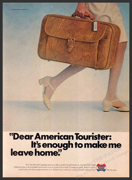 American Tourister 1970s Print Advertisement 1976 Legs White Tights Verylite Fetch-the-Paper