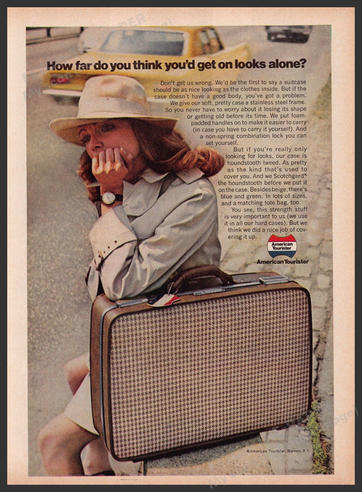 American Tourister Luggage 1960s Print Advertisement Ad 1969 "How far on looks" Fetch the Paper!