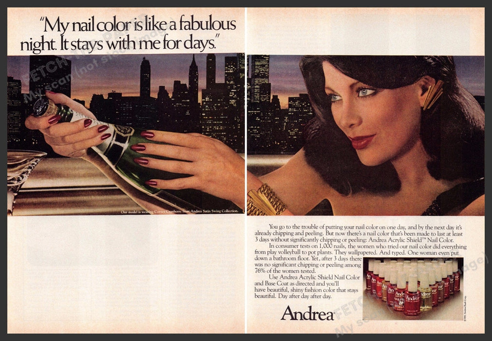 Andrea 1980s Magazine Print Ad (2 pages) 1981 NYC Twin Towers Nails Fetch-the-Paper