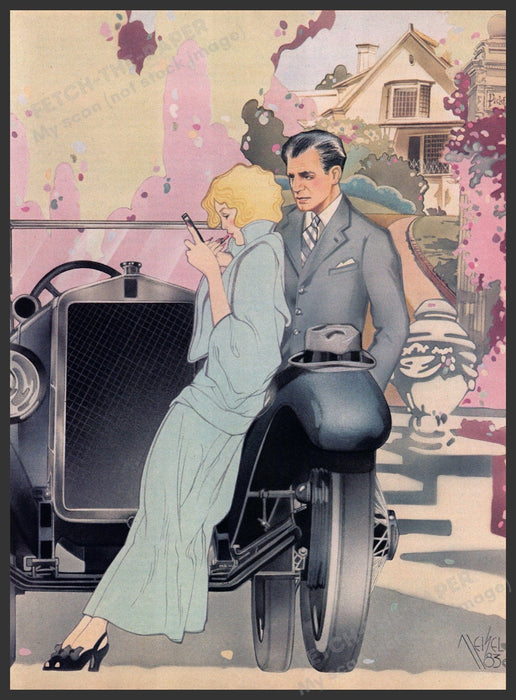 Ann Miesel Artist 1980s Magazine Illustration 1983 Couple Antique Car Fetch-the-Paper