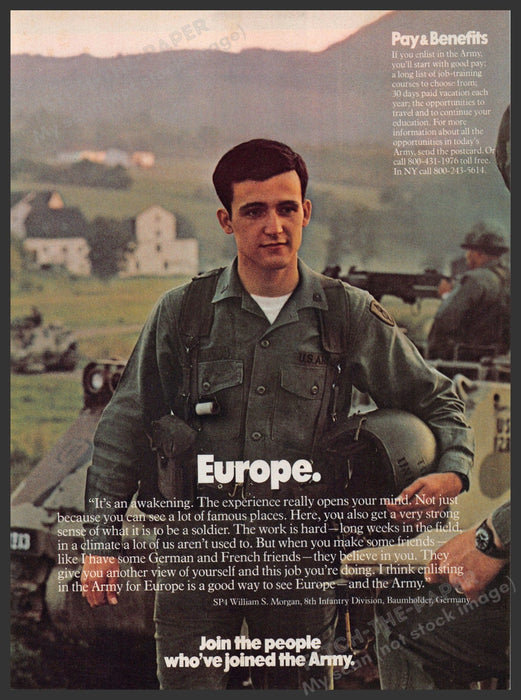 Army 1970s Magazine Print Advertisement 1977 SP4 William S. Morgan Europe Army