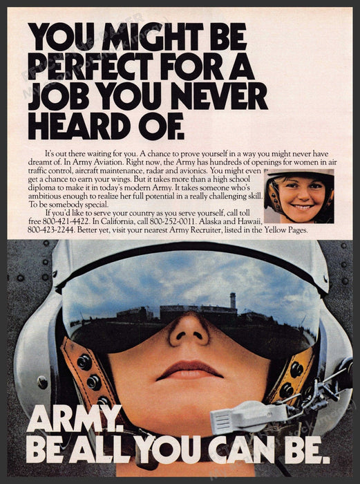 Army Aviation for Women 1980s Print Advertisement 1981 "Be all you can be" U.S. Army
