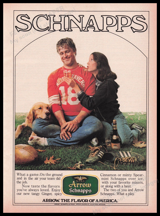 Arrow Schnapps 1980s Print Advertisement Ad 1980 Football Couple Retriever Dog Fetch the Paper!