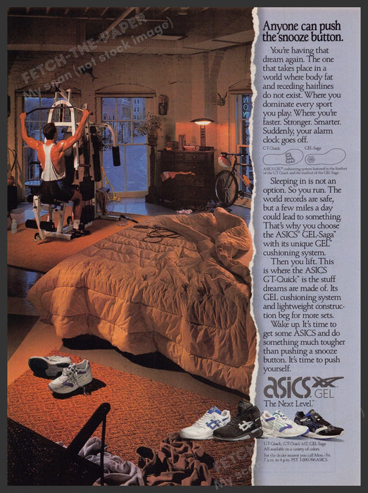 Asics Gel Shoes 1990s Print Advertisement Ad 1992 "Anyone can push the snooze" Fetch-the-Paper