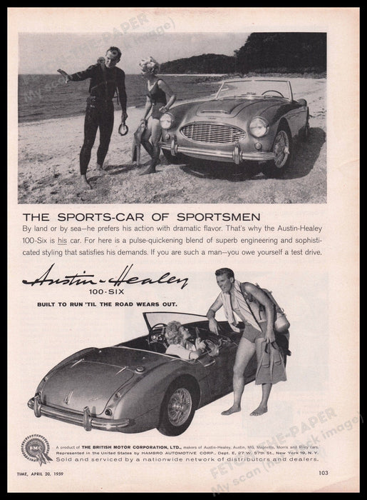 Austin-Healey 100-Six Car 1950s Print Advertisement Ad 1959 Beach Fetch the Paper!
