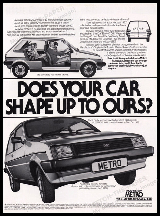 Austin Metro Car 1980s Print Advertisement Ad 1982 "Shape for the road ahead" Fetch the Paper!