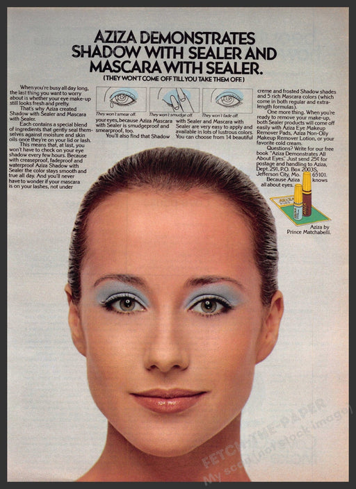 Aziza Shadow Mascara Sealer 1970s Print Advertisement 1979 Blue Eyes Face Aziza