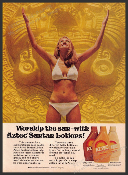 Aztec Suntan Lotion 1970s Print Advertisement 1976 Worship White Bikini Fetch-the-Paper