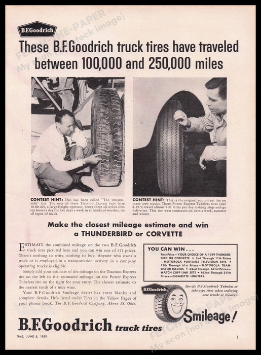 B.F. Goodrich Truck Tires 1950s Print Advertisement Ad 1959 "Smileage" Fetch the Paper!
