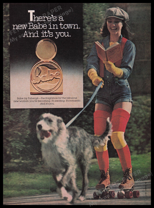 Babe by Faberge Fragrance 1980s Print Advertisement Ad 1980 Roller Skating Dog Fetch the Paper!