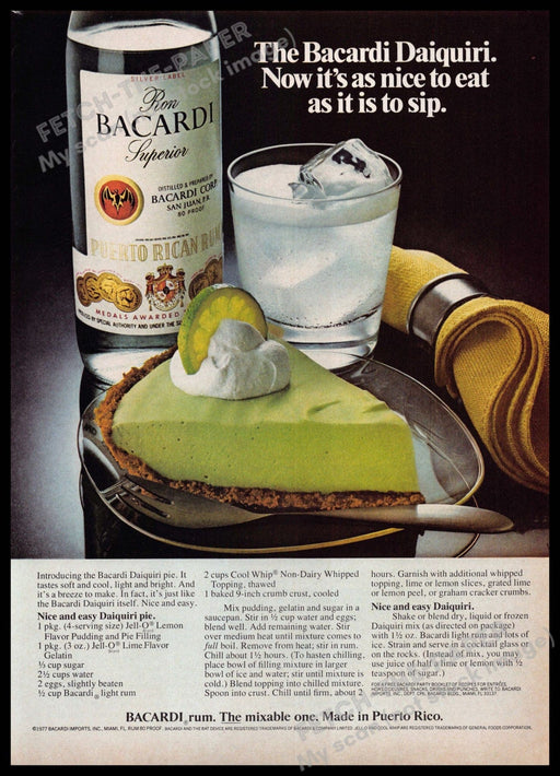 Bacardi 1970s Print Advertisement 1977 Nice and Easy Daiquiri Pie Recipe Bacardi