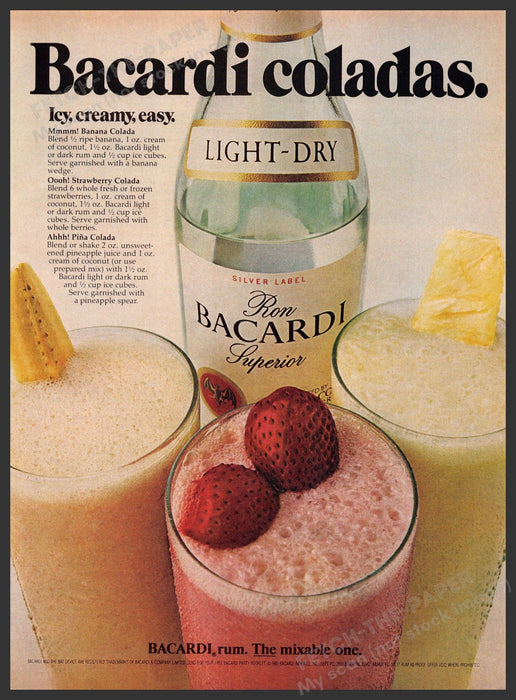 Bacardi Coladas 1980s Magazine Print Advertisement 1981 Recipes Icy Creamy Easy Fetch-the-Paper
