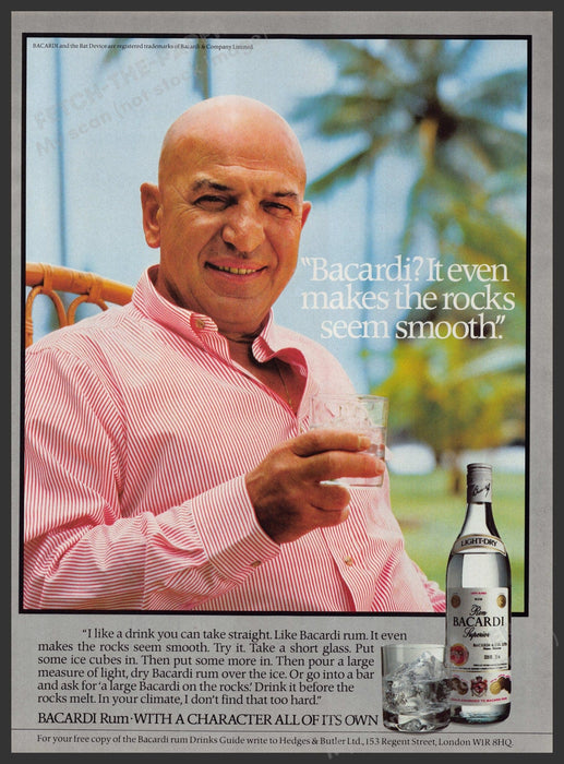 Bacardi Rum Telly Savalas 1980s Print Advertisement Ad 1982 Smooth Rocks Fetch the Paper!