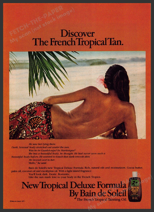 Bain de Soleil 1970s Print Advertisement 1977 French Tan Bare Back Fetch-the-Paper