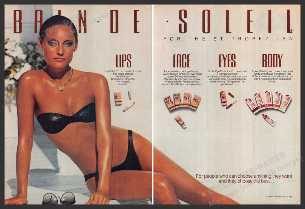 Bain de Soleil 1980s Magazine Print Advertisement (2 pages) 1985 St. Tropez Tan Bain de Soleil