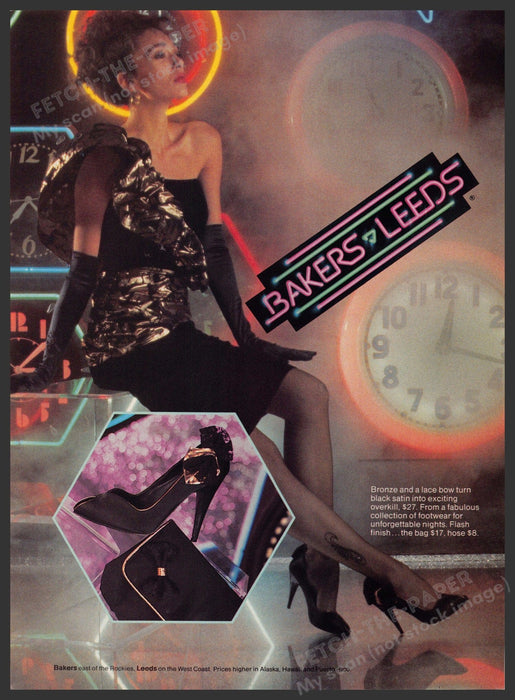 Bakers Leeds 1980s Print Advertisement 1987 Shoes Legs Time Clocks Neon Totally Bakers Leeds