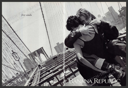 Banana Republic 1990s Print Ad (2 Pg) 1992 Couple "free souls" Brooklyn Bridge Fetch-the-Paper