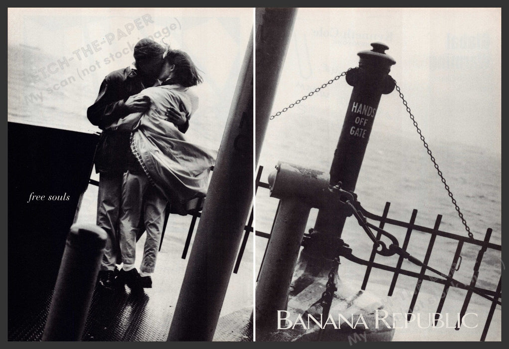Banana Republic 1990s Print Ad (2 Pg) 1992 Couple "free souls" Sea Wall Gate Fetch-the-Paper