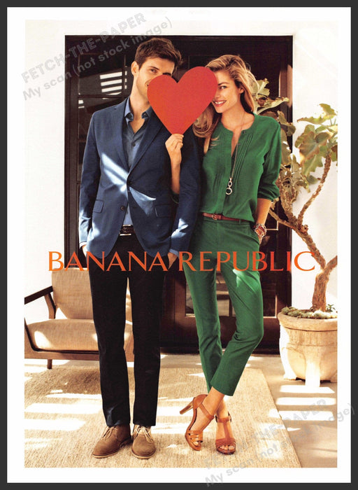 Banana Republic Jessica Hart 2010s Print Advertisement 2013 Couple Heart Fetch-the-Paper