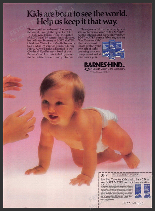 Barnes-Hind 1980s Print Advertisement 1986 Baby Eye Car Solution Kids Fetch-the-Paper