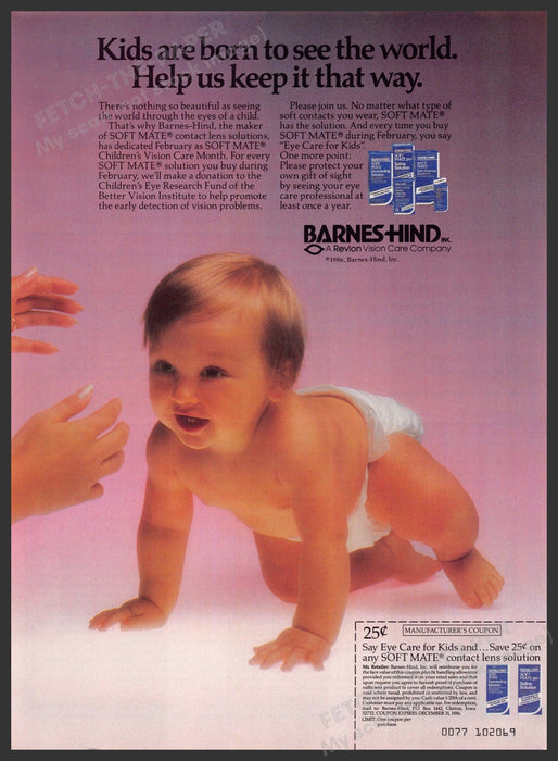 Barnes-Hind 1980s Print Advertisement 1986 Baby Eye Car Solution Kids Fetch-the-Paper